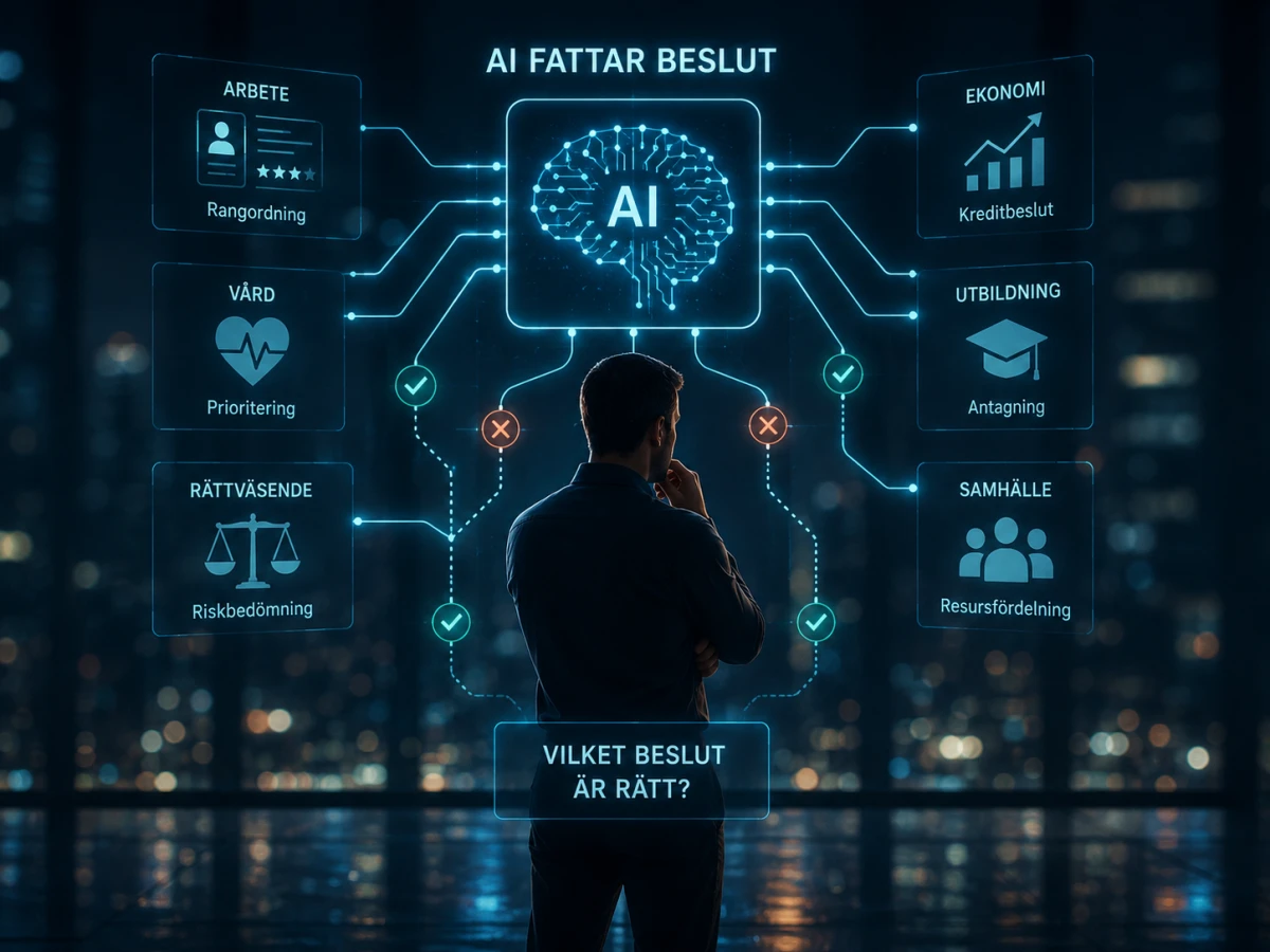 Människa framför ett digitalt AI-system som väger olika beslut.