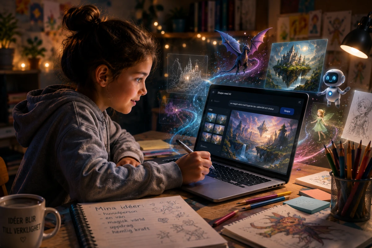 Barn skapar en fantasivärld med hjälp av AI på en laptop i ett kreativt rum.