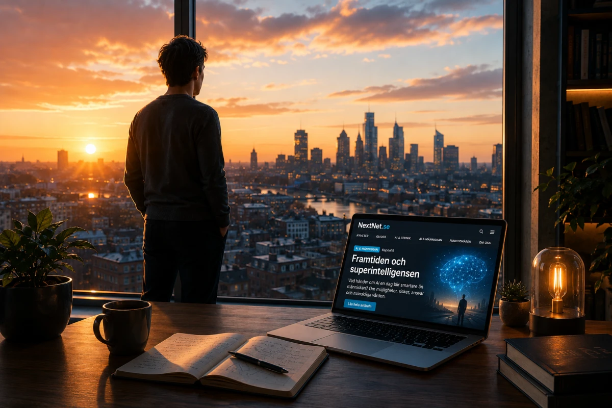 Person blickar ut över en stad i gryningen med en laptop som symboliserar framtidens AI och superintelligens.