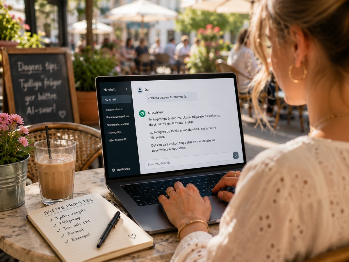 Kvinna skriver en AI-prompt på laptop vid en solig uteservering på ett café.