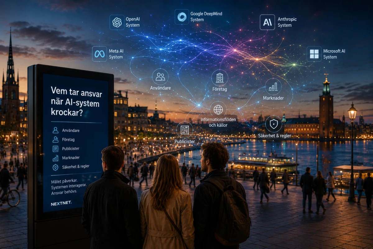 Människor i Stockholm ser en offentlig fråga om ansvar när flera AI-system påverkar samma digitala samhälle.