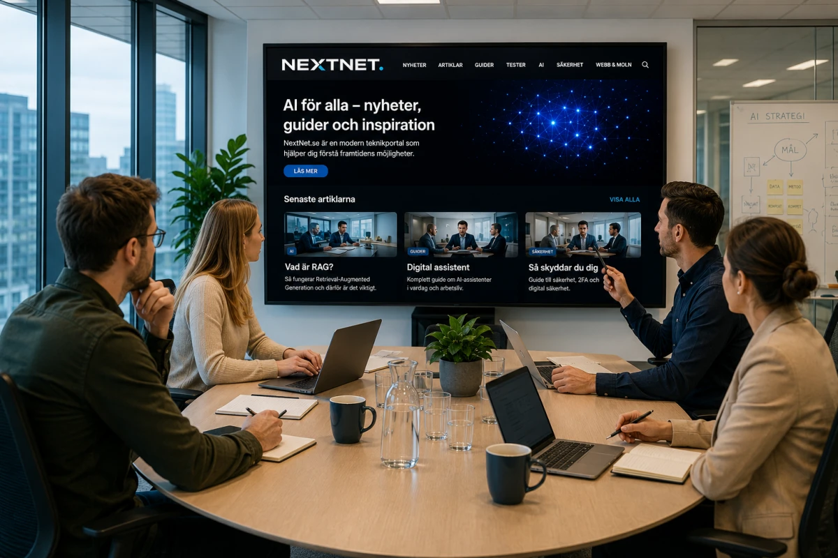 Människor i ett möte där en AI-assistent visas på en skärm som en digital medarbetare.