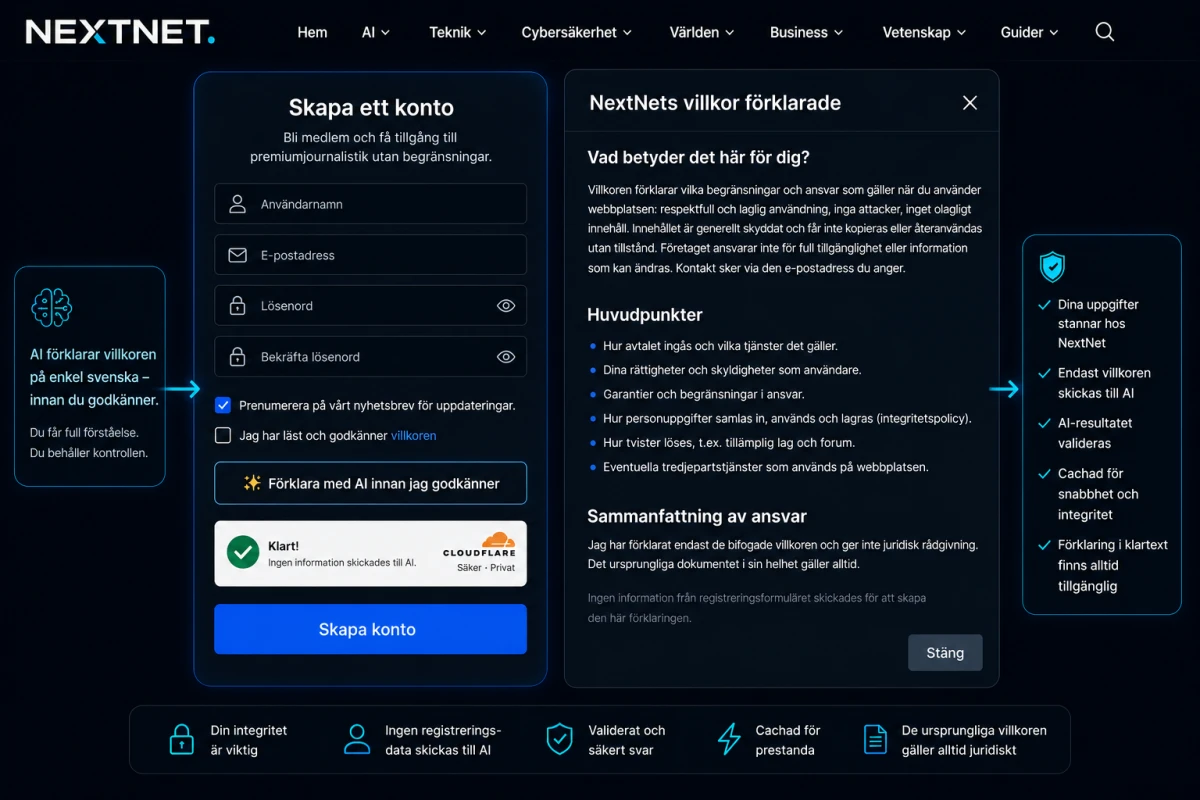 NextNets registreringssida med knappen Förklara med AI innan jag godkänner och en förenklad förklaring av villkoren.