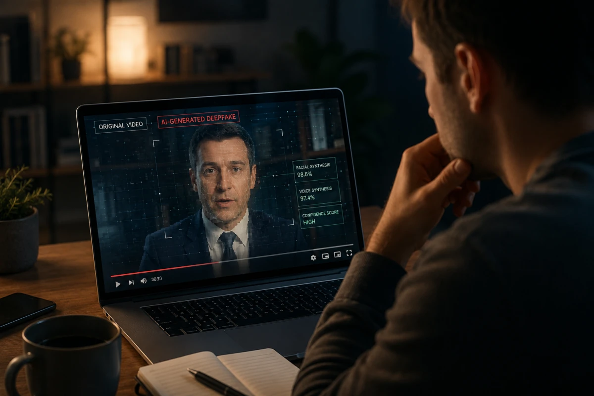 Person granskar en misstänkt AI-manipulerad video på en laptop.