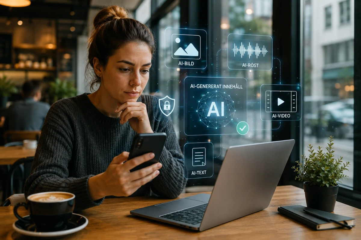 Person på café granskar digitalt innehåll på mobil och dator med visuella symboler för AI och transparens.
