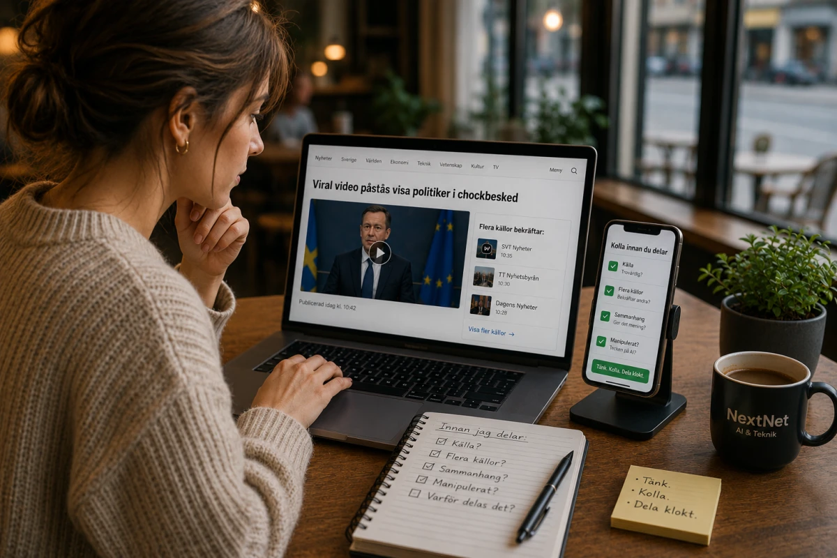 Person jämför flera källor på laptop innan ett videoklipp delas.