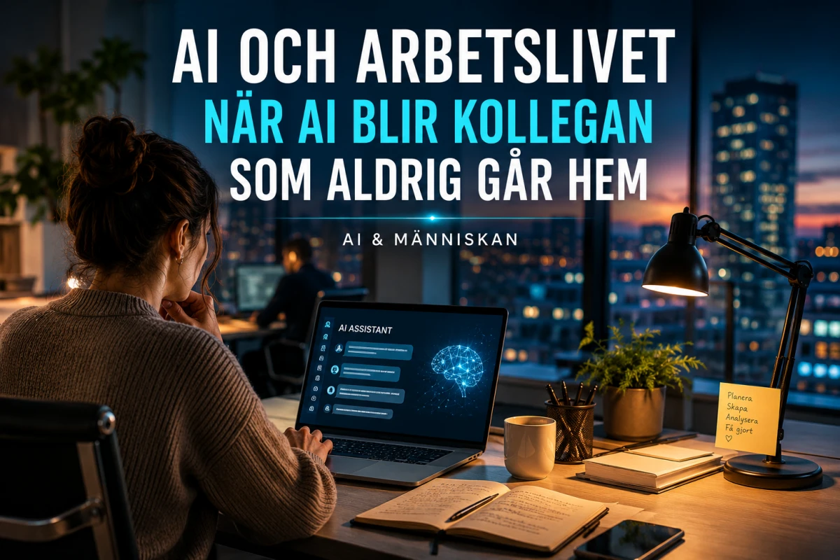 Person på kontor arbetar vid en laptop med en digital AI-assistent som symboliserar framtidens arbetsliv.