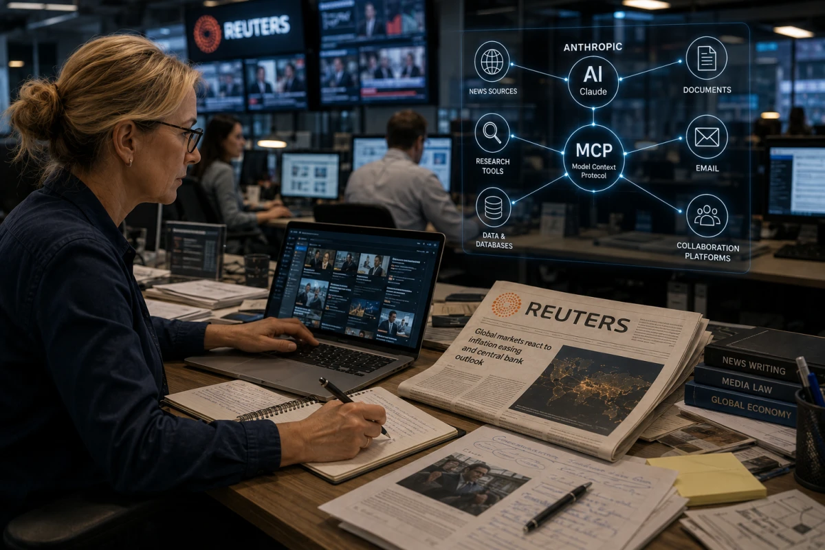 Journalist på en redaktion använder AI och MCP för att söka och sammanställa nyhetsmaterial från Reuters.