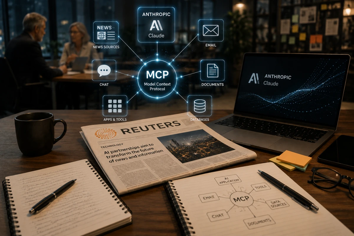 Reuters-material på ett arbetsbord framför en MCP-visualisering som kopplar Anthropic Claude till mejl, dokument, appar, databaser och nyhetskällor.