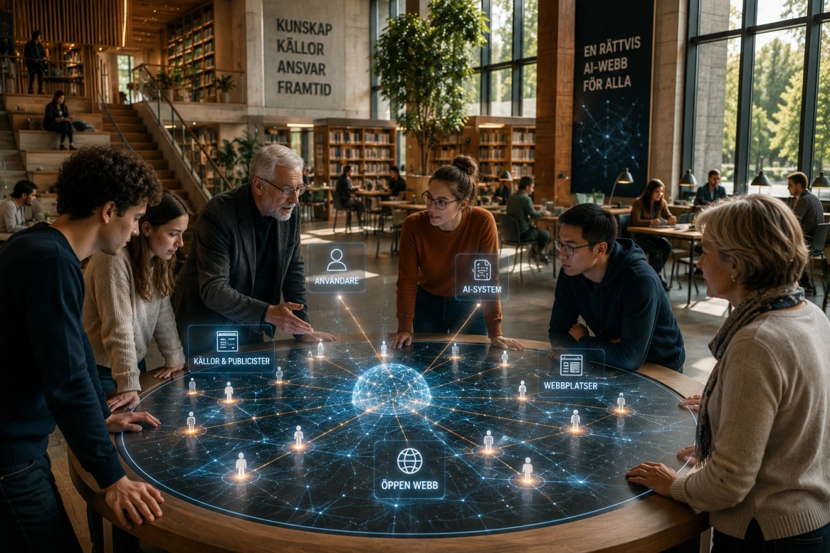 Människor i ett modernt bibliotek samlas runt en ljusmodell av den öppna webben där AI, källor och användare kopplas samman.