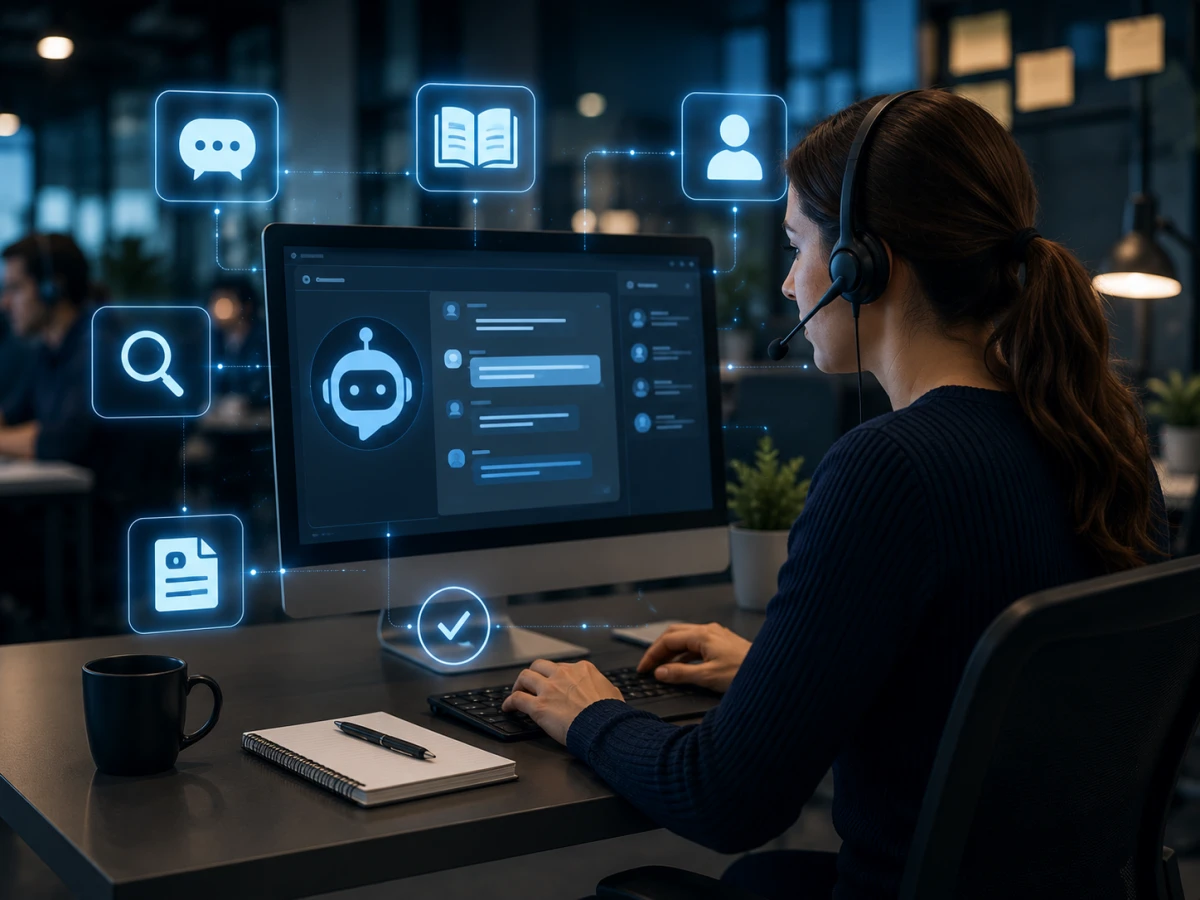 Kundservicepersonal använder en digital assistent för att hitta svar och hantera supportärenden.