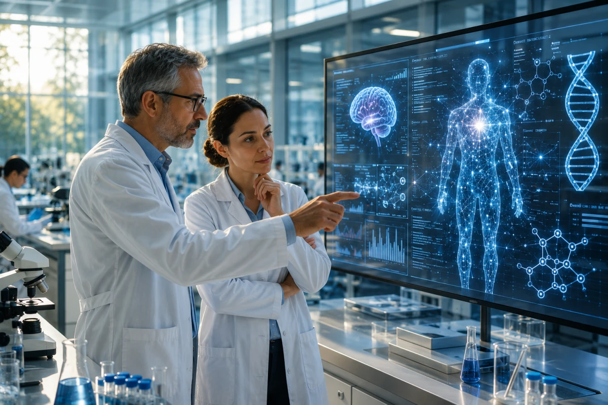 Forskare i ett modernt laboratorium analyserar medicinsk data med hjälp av avancerad AI-teknik.