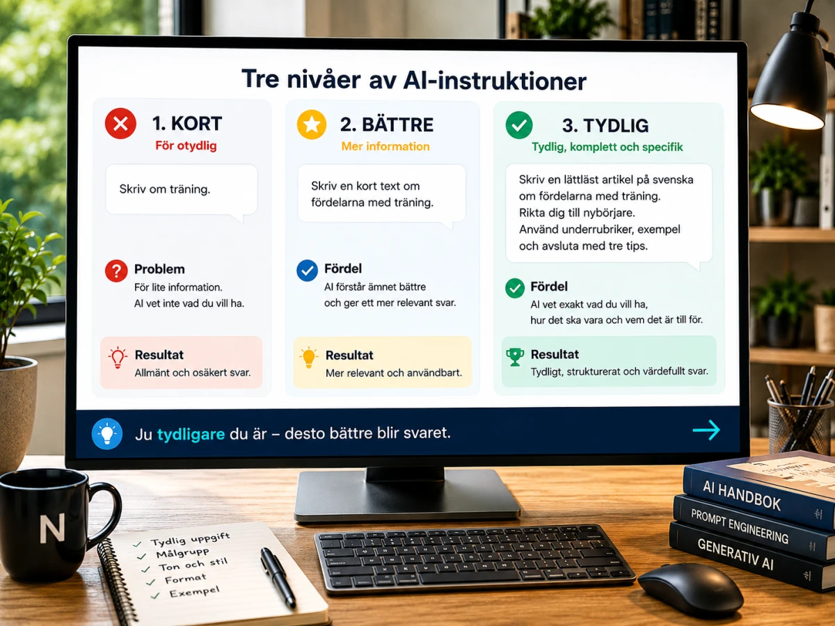 Exempel på hur en kort prompt kan förbättras steg för steg.