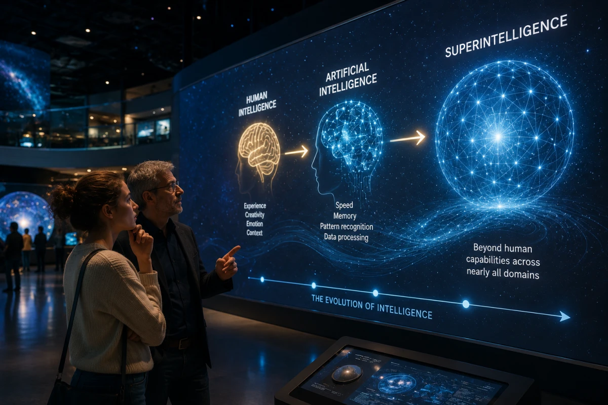 Besökare på ett vetenskapsmuseum tittar på en digital visualisering av mänsklig intelligens, AI och superintelligens.