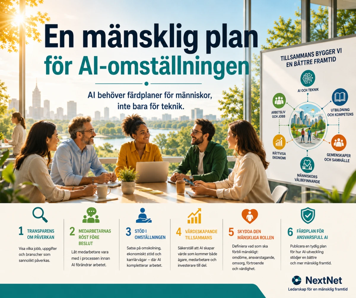 Människor i ett ljust mötesrum diskuterar behovet av en mänsklig plan för AI och framtidens arbete.