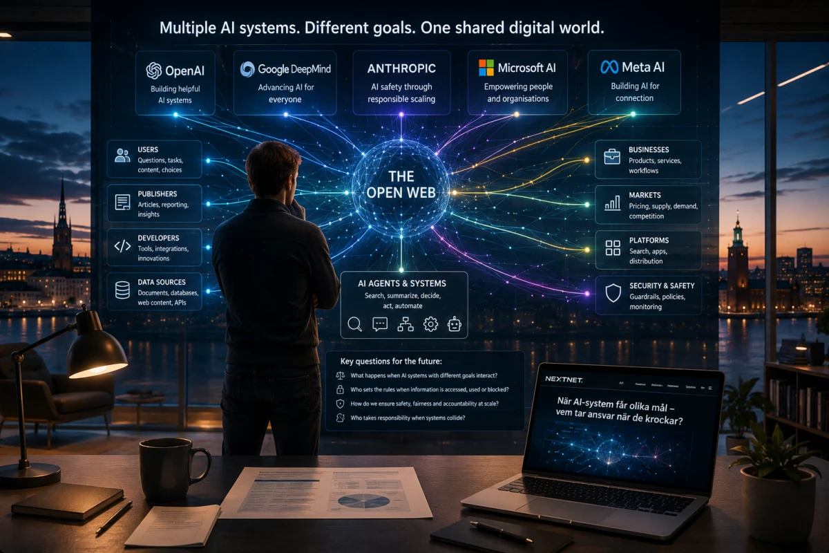 Person analyserar hur flera AI-system med olika mål kopplas till samma digitala ekosystem.