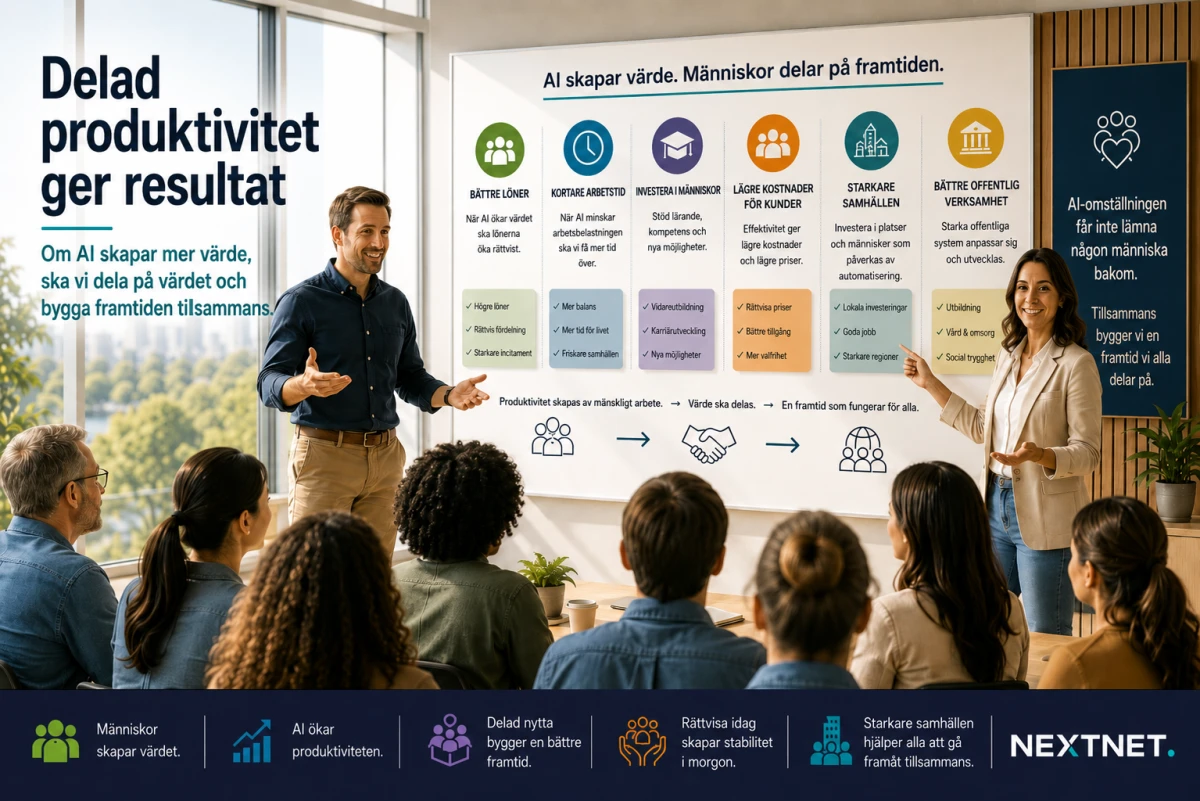 Två personer presenterar hur produktivitetsvinster från AI kan delas mellan arbetare, kunder och samhälle.