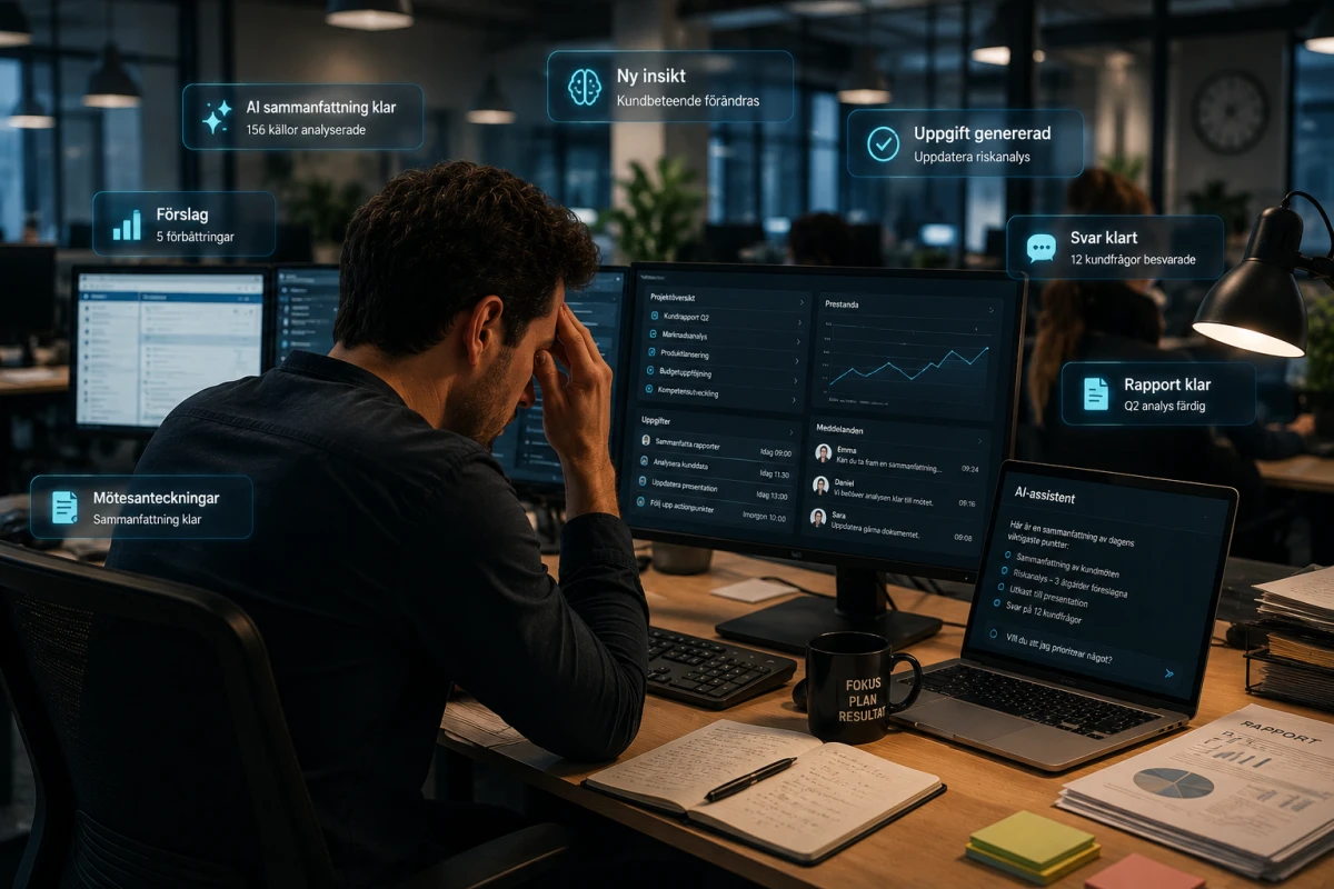 Stressad person vid flera skärmar på ett kontor med AI-notiser och arbetsuppgifter som visar hur tempot kan öka med AI.