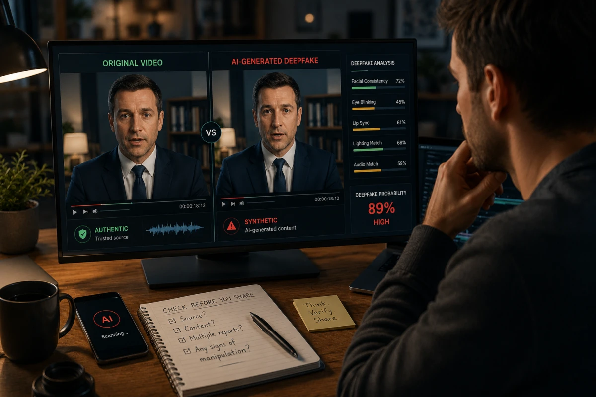 Skärm visar skillnaden mellan verklig video och AI-manipulerad deepfake.