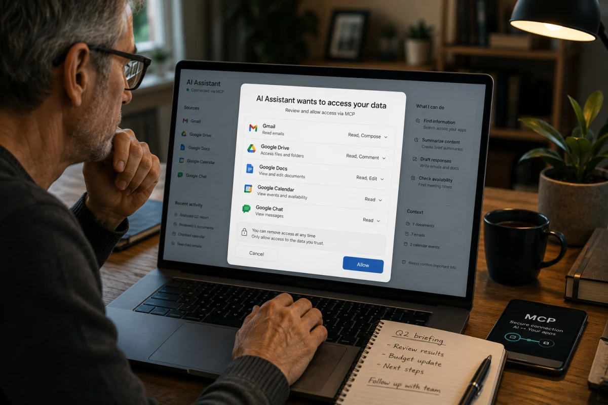 Man granskar vilka Google-tjänster en AI-assistent får tillgång till innan han godkänner anslutningen.