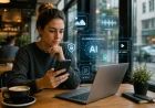 Person på café granskar digitalt innehåll på mobil och dator med visuella symboler för AI och transparens.