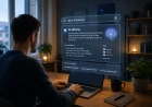 Person som använder en laptop där AI-sökning visas som ljusa informationskort på skärmen.