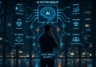 Människa framför ett digitalt AI-system som väger olika beslut.