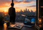 Person blickar ut över en stad i gryningen med en laptop som symboliserar framtidens AI och superintelligens.