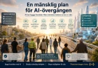 Illustration av människor som går över en bro mot en AI-driven framtid, med fokus på mänsklig trygghet, ansvar och omställning.