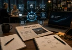 Reuters-material på ett arbetsbord framför en MCP-visualisering som kopplar Anthropic Claude till mejl, dokument, appar, databaser och nyhetskällor.