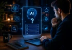Person gör ett AI-quiz vid en laptop med holografiska frågor om AI, ChatGPT, AI-agenter och AI-webbläsare.