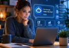 Person använder en digital AI-assistent vid en laptop med holografiska ikoner för chatt, sökning, dokument och automatisering.