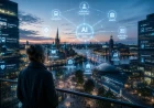 Person i en framtida svensk stad år 2035 där flera AI-system är integrerade i vardag, arbete, samhälle och digital infrastruktur.