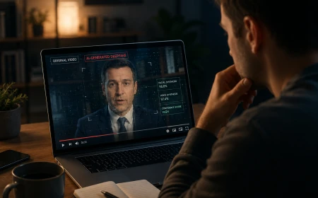 Person granskar en misstänkt AI-manipulerad video på en laptop.