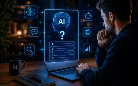 Person gör ett AI-quiz vid en laptop med holografiska frågor om AI, ChatGPT, AI-agenter och AI-webbläsare.