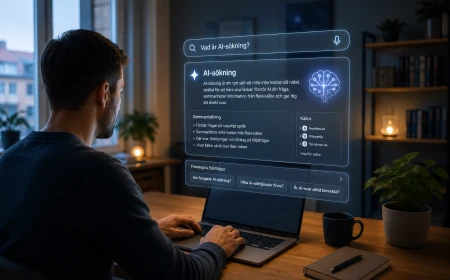 Person som använder en laptop där AI-sökning visas som ljusa informationskort på skärmen.