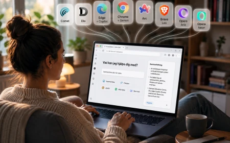 En person sitter hemma i en fåtölj med en laptop och använder en AI-webbläsare som hjälp i vardagen.