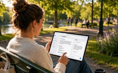 En person sitter i en park med en surfplatta och använder en AI-webbläsare för att läsa och sammanfatta information.
