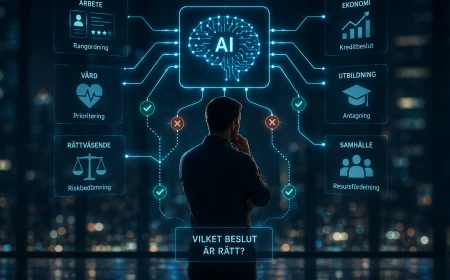 Människa framför ett digitalt AI-system som väger olika beslut.