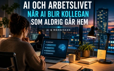 Person på kontor arbetar vid en laptop med en digital AI-assistent som symboliserar framtidens arbetsliv.