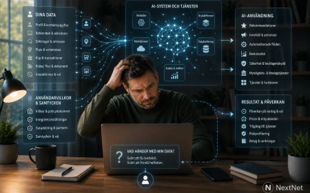 Person framför en laptop försöker förstå hur AI-system använder data och digitala villkor.