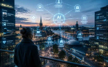 Person i en framtida svensk stad år 2035 där flera AI-system är integrerade i vardag, arbete, samhälle och digital infrastruktur.