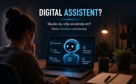 Person vid en laptop med en digital AI-assistent på skärmen och text om en omröstning om digitala assistenter.