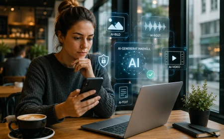 Person på café granskar digitalt innehåll på mobil och dator med visuella symboler för AI och transparens.