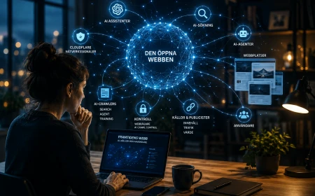 Person vid laptop med en visualisering av hur AI-sökning, webbplatser, crawlers och källor kopplas samman på den öppna webben.