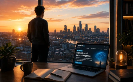 Person blickar ut över en stad i gryningen med en laptop som symboliserar framtidens AI och superintelligens.