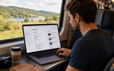 En person sitter på ett tåg och använder en AI-webbläsare för att planera en resa.