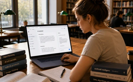 En student sitter i ett bibliotek och använder en AI-webbläsare för att förstå en lång text.