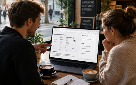 Två personer sitter på ett café med en laptop och använder AI för att jämföra information inför ett beslut.