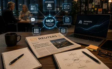Reuters-material på ett arbetsbord framför en MCP-visualisering som kopplar Anthropic Claude till mejl, dokument, appar, databaser och nyhetskällor.